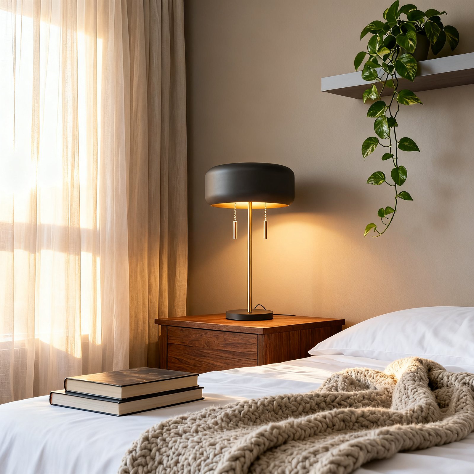 table lamp with metallic dark gray shade and dual pull chain switches