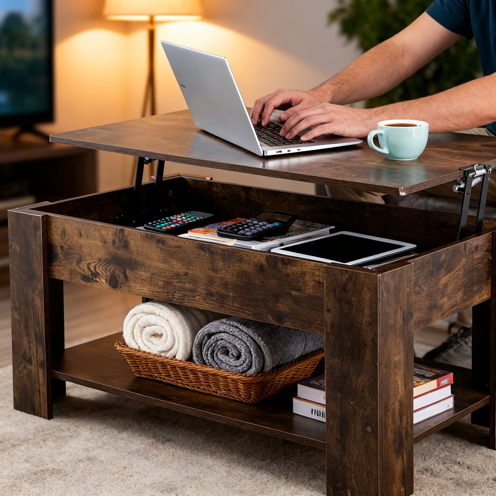 lift top coffee table in living room setting with storage